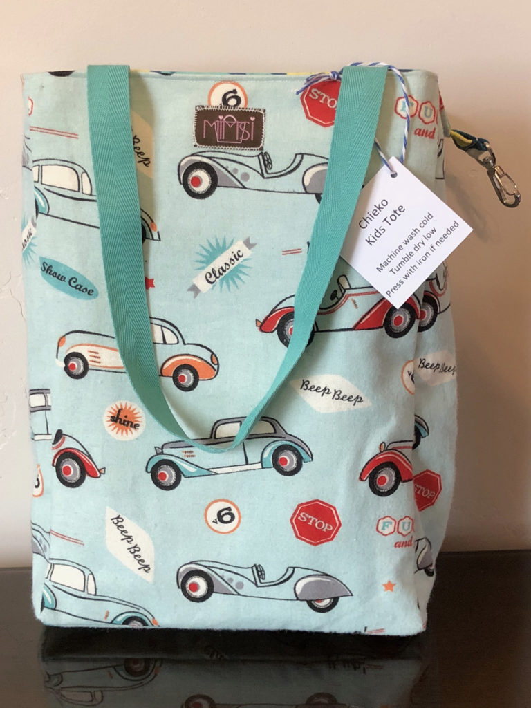 Chieko Kids Tote Bag - fabric tote bag for kids - custom design ed tote in blue with cars and fish.